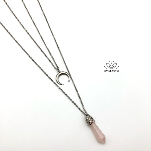 Rose Quartz Crescent Moon Layered Necklace - Picture 12 of 15